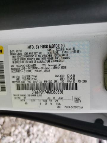 Photo 10 from auction – 2016 FORD FUSION SE with VIN 3FA6P0H74GR360850