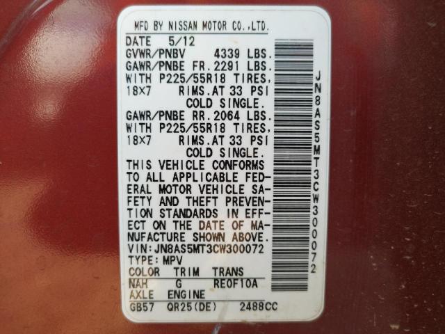 Photo 10 from auction – 2012 NISSAN ROGUE S with VIN JN8AS5MT3CW300072