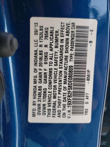 Photo 10 from auction – 2013 HONDA CIVIC LX with VIN 19XFB2F58DE080809