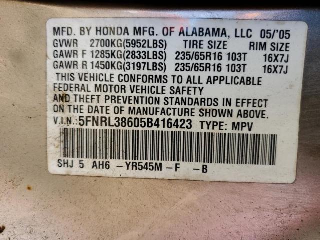 Photo 10 from auction – 2005 HONDA ODYSSEY EX with VIN 5FNRL38605B416423
