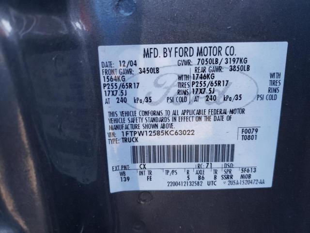 Photo 10 from auction – 2005 FORD F150 SUPER with VIN 1FTPW12585KC63022