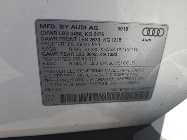 Photo 10 from auction – 2018 AUDI Q5 PREMIUM with VIN WA1BNAFY6J2246533