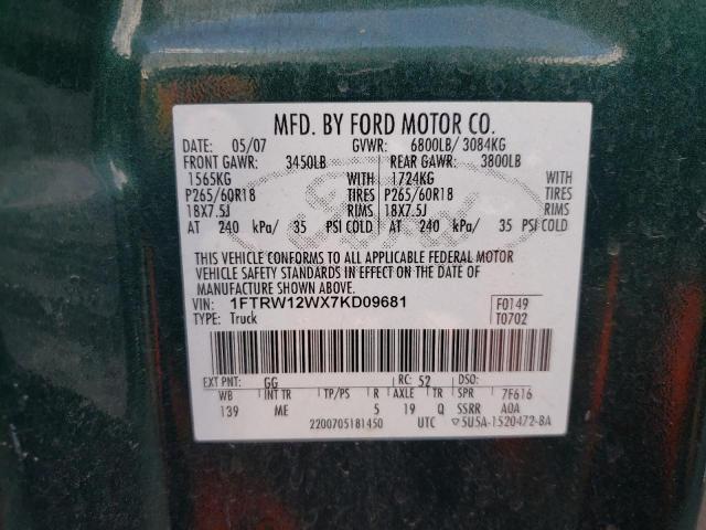 Photo 10 from auction – 2007 FORD F150 SUPER with VIN 1FTRW12WX7KD09681