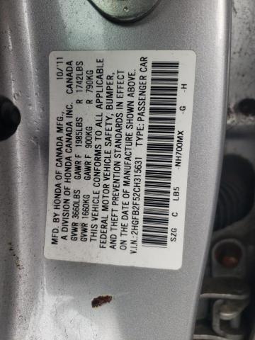 Photo 10 from auction – 2012 HONDA CIVIC LX with VIN 2HGFB2F52CH315631