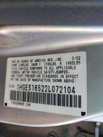 Photo 10 from auction – 2002 HONDA CIVIC LX with VIN 1HGES16522L072104