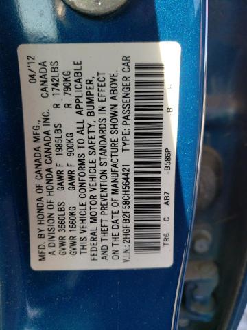 Photo 10 from auction – 2012 HONDA CIVIC LX with VIN 2HGFB2F58CH564421