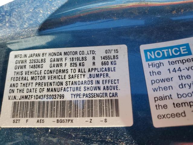 Photo 10 from auction – 2015 HONDA CR-Z with VIN JHMZF1D43FS003799