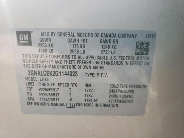 Photo 10 from auction – 2016 CHEVROLET EQUINOX LT with VIN 2GNALCEK2G1144923