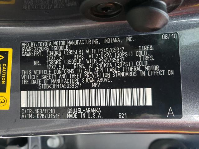 Photo 10 from auction – 2010 TOYOTA HIGHLANDER with VIN 5TDBK3EH1AS039374