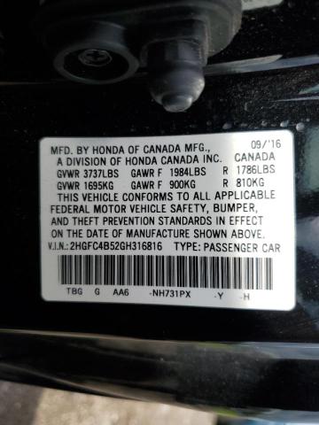 Photo 10 from auction – 2016 HONDA CIVIC LX with VIN 2HGFC4B52GH316816