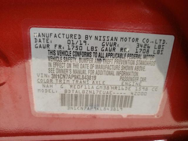 Photo 10 from auction – 2019 NISSAN VERSA S with VIN 3N1CN7AP9KL843819