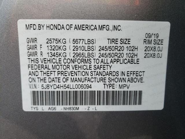 Photo 10 from auction – 2020 ACURA MDX TECHNO with VIN 5J8YD4H54LL006094