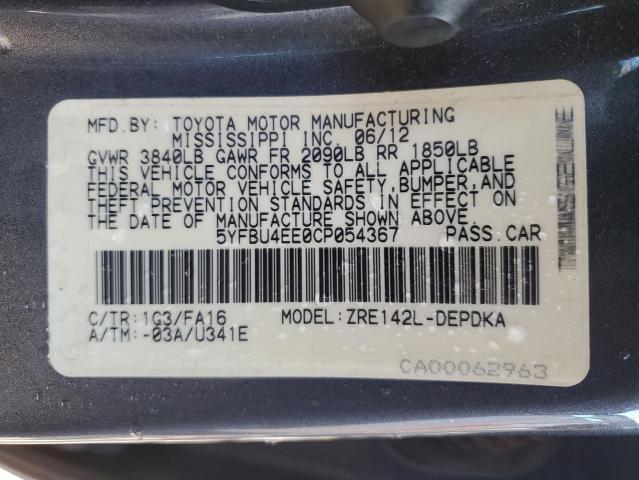 Photo 10 from auction – 2012 TOYOTA COROLLA with VIN 5YFBU4EE0CP054367