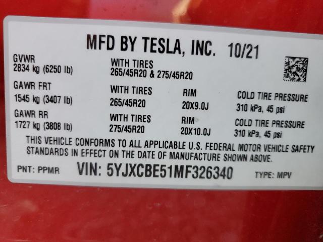 Photo 10 from auction – 2021 TESLA MODEL X with VIN 5YJXCBE51MF326340