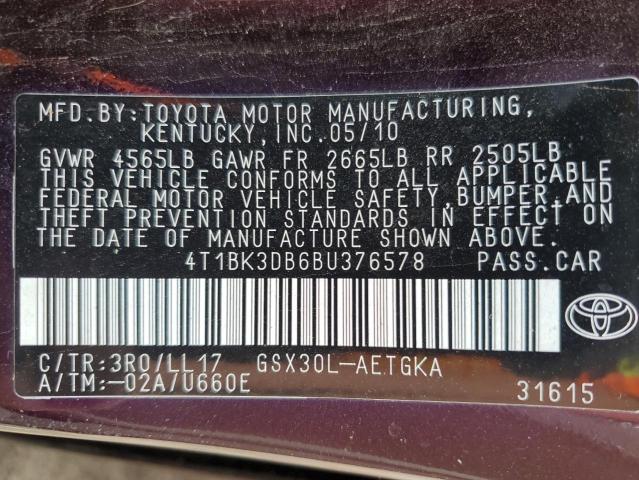 Photo 10 from auction – 2011 TOYOTA AVALON BAS with VIN 4T1BK3DB6BU376578