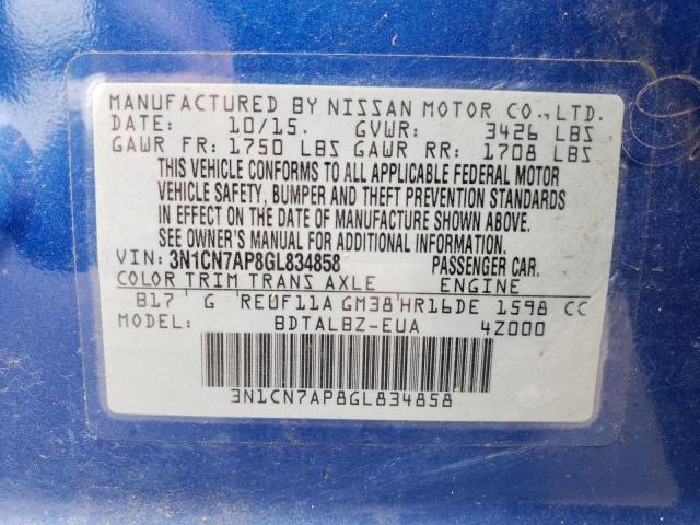Photo 10 from auction – 2016 NISSAN VERSA S with VIN 3N1CN7AP8GL834858