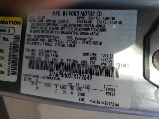 Photo 10 from auction – 2020 FORD FUSION SE with VIN 3FA6P0HD2LR172649