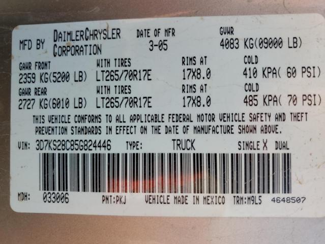 Photo 10 from auction – 2005 DODGE RAM 2500 S with VIN 3D7KS28C85G824446