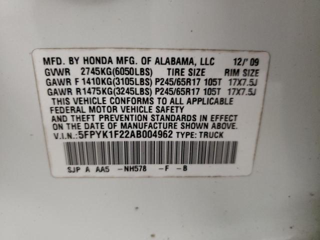 Photo 10 from auction – 2010 HONDA RIDGELINE with VIN 5FPYK1F22AB004962