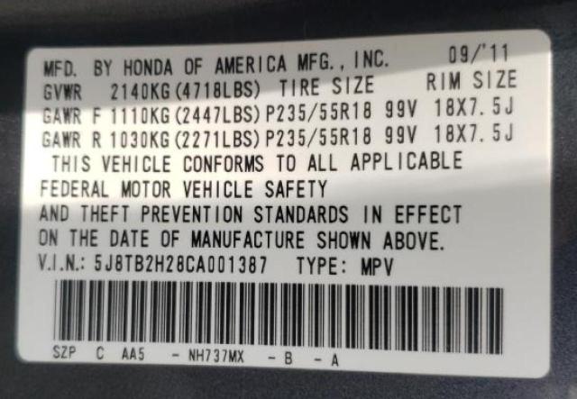 Photo 10 from auction – 2012 ACURA RDX with VIN 5J8TB2H28CA001387