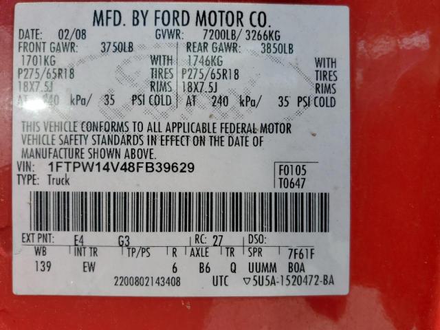 Photo 10 from auction – 2008 FORD F150 SUPER with VIN 1FTPW14V48FB39629