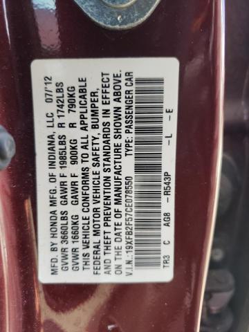 Photo 10 from auction – 2012 HONDA CIVIC LX with VIN 19XFB2F57CE078550