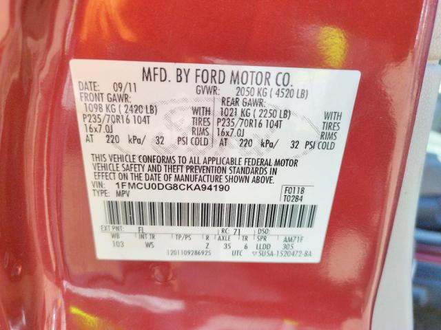Photo 10 from auction – 2012 FORD ESCAPE XLT with VIN 1FMCU0DG8CKA94190