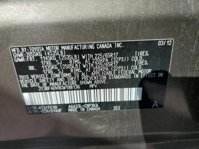 Photo 10 from auction – 2012 TOYOTA RAV4 with VIN 2T3BF4DV8CW198136