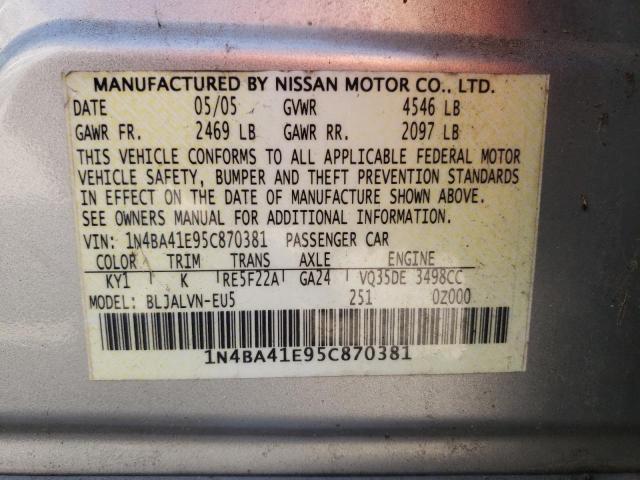 Photo 10 from auction – 2005 NISSAN MAXIMA SE with VIN 1N4BA41E95C870381