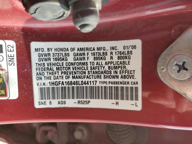 Photo 10 from auction – 2006 HONDA CIVIC EX with VIN 1HGFA16846L044117