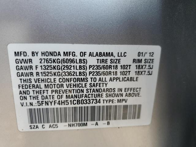 Photo 10 from auction – 2012 HONDA PILOT EXL with VIN 5FNYF4H51CB033734