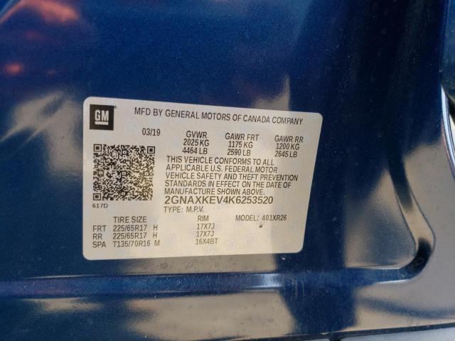 Photo 10 from auction – 2019 CHEVROLET EQUINOX LT with VIN 2GNAXKEV4K6253520