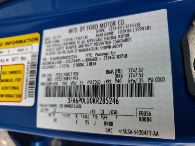 Photo 10 from auction – 2019 FORD FUSION SE with VIN 3FA6P0LU0KR285246