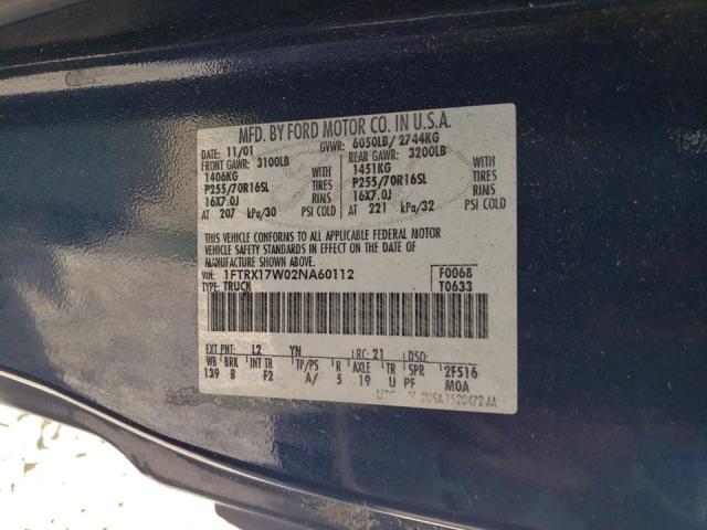 Photo 10 from auction – 2002 FORD F150 with VIN 1FTRX17W02NA60112