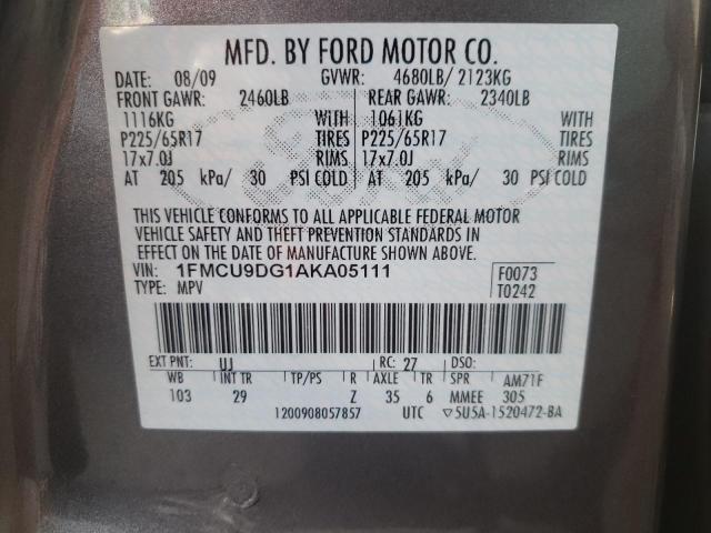 Photo 10 from auction – 2010 FORD ESCAPE XLT with VIN 1FMCU9DG1AKA05111