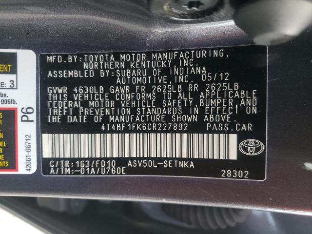 Photo 10 from auction – 2012 TOYOTA CAMRY BASE with VIN 4T4BF1FK6CR227892