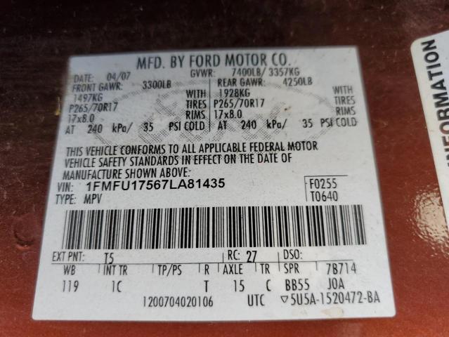 Photo 10 from auction – 2007 FORD EXPEDITION with VIN 1FMFU17567LA81435