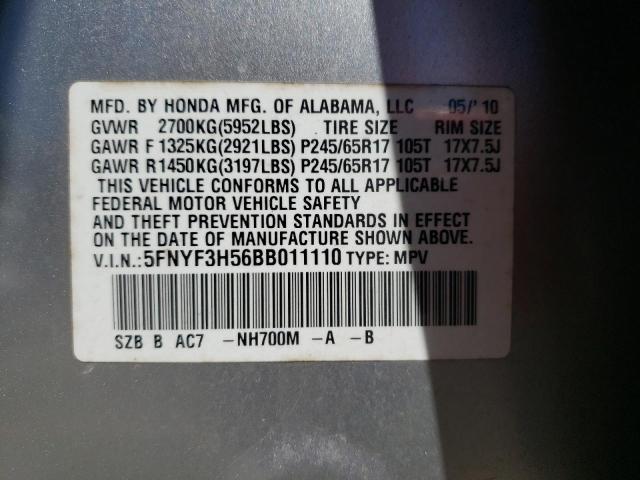 Photo 10 from auction – 2011 HONDA PILOT EXL with VIN 5FNYF3H56BB011110