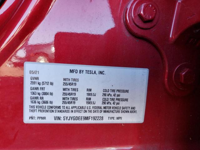 Photo 10 from auction – 2021 TESLA MODEL Y with VIN 5YJYGDEE9MF192228