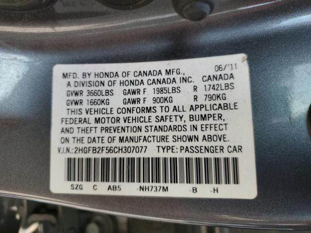 Photo 10 from auction – 2012 HONDA CIVIC LX with VIN 2HGFB2F56CH307077