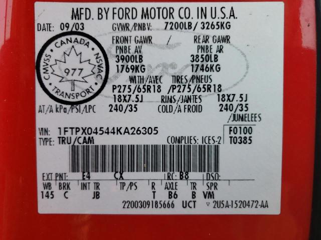 Photo 10 from auction – 2004 FORD F150 with VIN 1FTPX04544KA26305