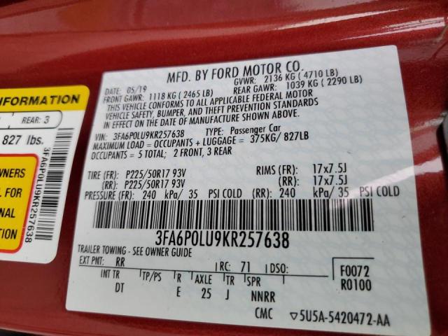 Photo 10 from auction – 2019 FORD FUSION SE with VIN 3FA6P0LU9KR257638