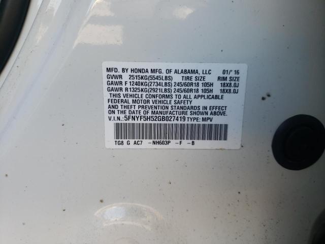 Photo 10 from auction – 2016 HONDA PILOT EXL with VIN 5FNYF5H52GB027419