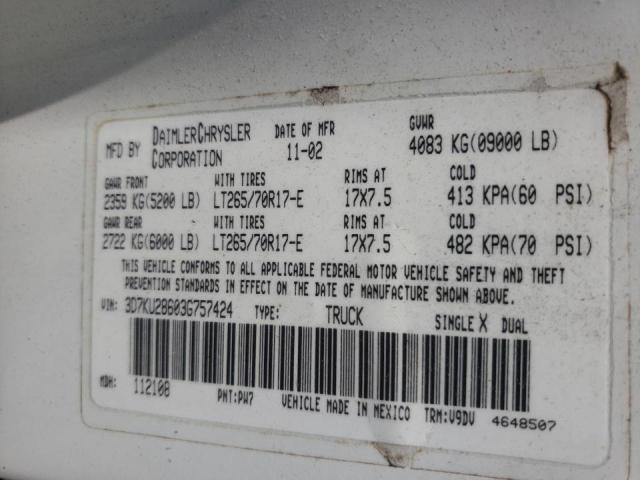 Zdjęcie 10 z aukcji – 2003 DODGE RAM 2500 S z VIN 3D7KU28603G757424