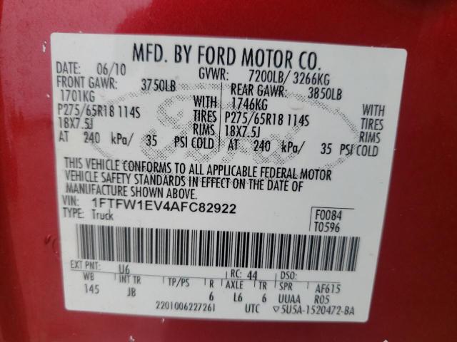 Photo 10 from auction – 2010 FORD F150 SUPER with VIN 1FTFW1EV4AFC82922