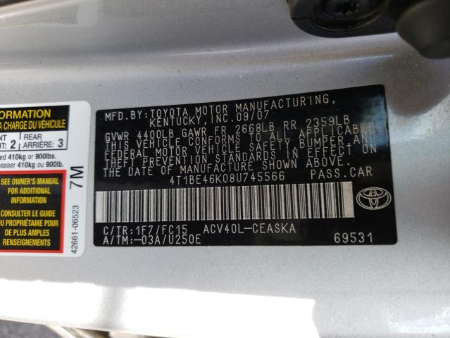 Photo 10 from auction – 2008 TOYOTA CAMRY CE with VIN 4T1BE46K08U745566