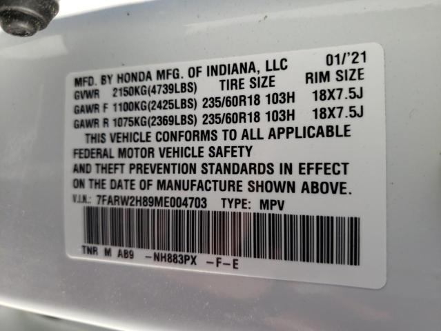 Photo 10 from auction – 2021 HONDA CR-V EXL with VIN 7FARW2H89ME004703