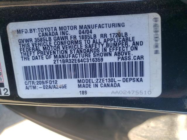 Photo 10 from auction – 2004 TOYOTA COROLLA CE with VIN 2T1BR32E64C316359