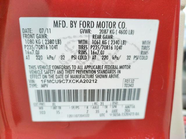 Photo 10 from auction – 2012 FORD ESCAPE XLS with VIN 1FMCU9C7XCKA20212