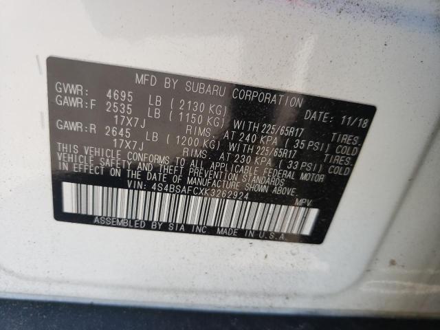 Photo 10 from auction – 2019 SUBARU OUTBACK 2. with VIN 4S4BSAFCXK3262924